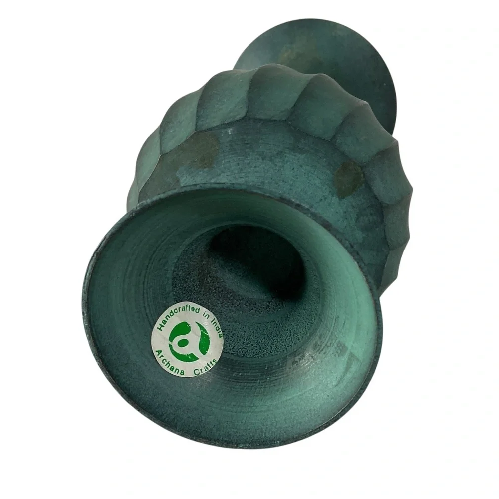 Vintage Handcrafted Green Metal Vase by Archana Crafts India Swirl Design 7 7/8”